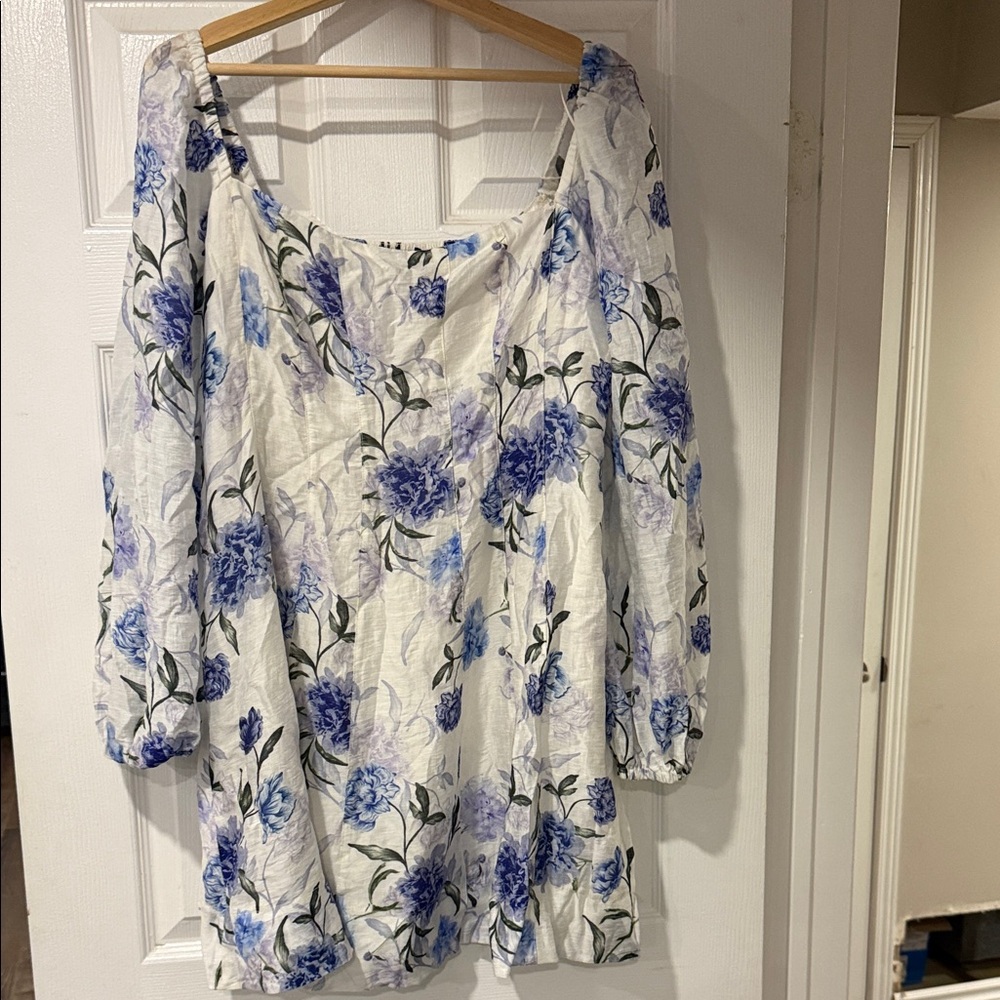Dynamite White Floral Smocked Puff-Sleeve Dress with Blue Blooms